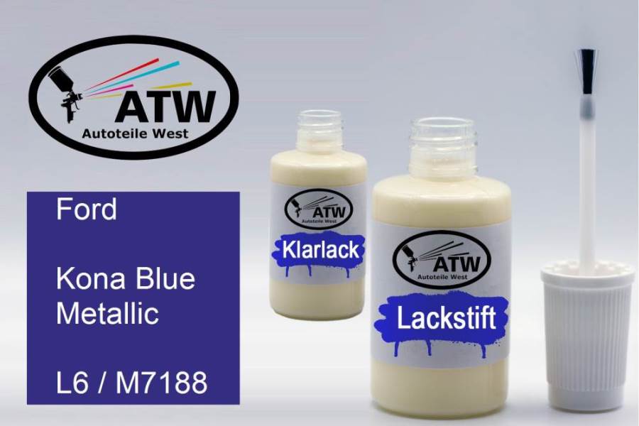 Ford, Kona Blue Metallic, L6 / M7188: 20ml Lackstift + 20ml Klarlack - Set, von ATW Autoteile West.